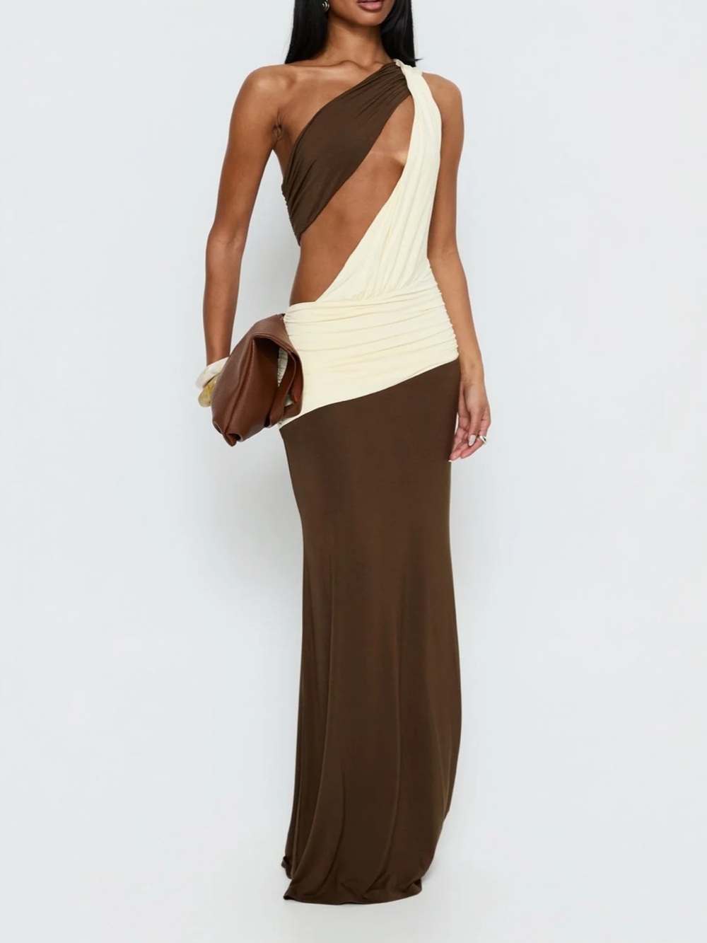 Loletta Draped One Shoulder Maxi Dress Chocolate / Cream